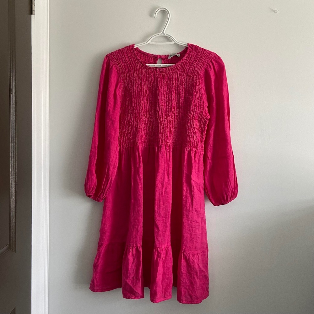 100% LINEN SMOCK BABYDOLL CAP SLEEVE DRESS HOT PINK SUMMER TRAVEL ITALY TOURIST